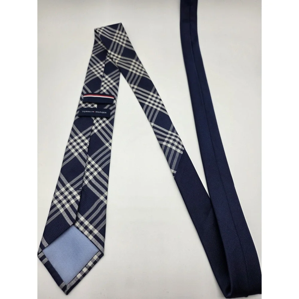 Tommy Hilfiger 100% Silk Necktie Blue White Plaid Tie 60
